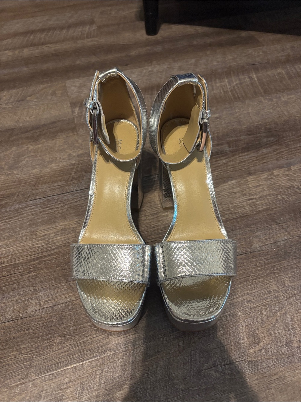 Michael Kors Silver Textured Platform Sandals with Ankle Strap